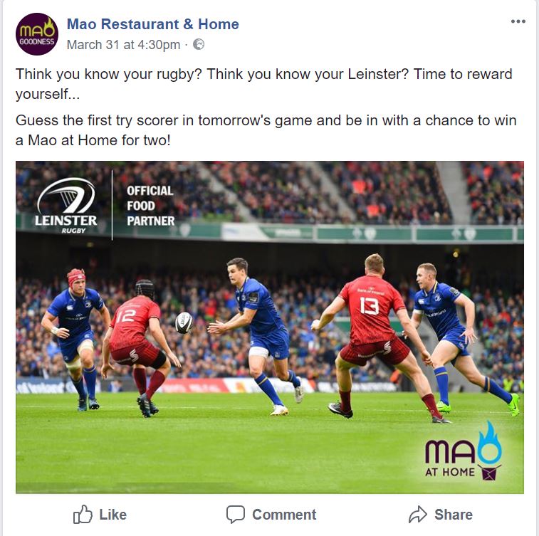 Screenshot of Mao Restaurant Promoting Rugby to Increase Online Orders